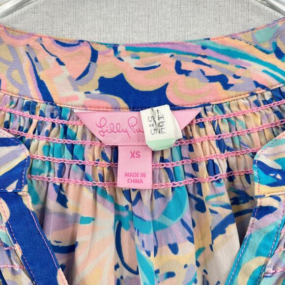 LILLY PULITZER Elsa Printed Silk Blouse Womens XS Blue Pink Long Sleeve Top FLAW - Picture 7 of 12